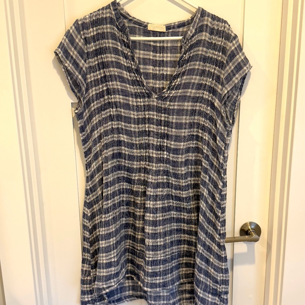 CP Shades Blue White Plaid Linen Regina Cap Sleeve Tunic Dress size small